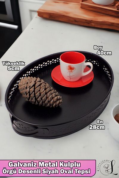 LUCKYHOMES Rustic Galvanized Metal Handle Knitted Patterned Black Oval Tray 40cm, Your Home Decoration Rustic Elegance