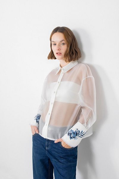 GİZİA See-through White Shirt with Stripe Accessory