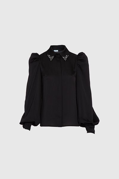 GİZİA Black Shirt with Stone Detail Collar