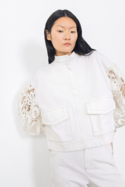 GİZİA Manşet Bağlama Detaylı Beyaz Jean Ceket