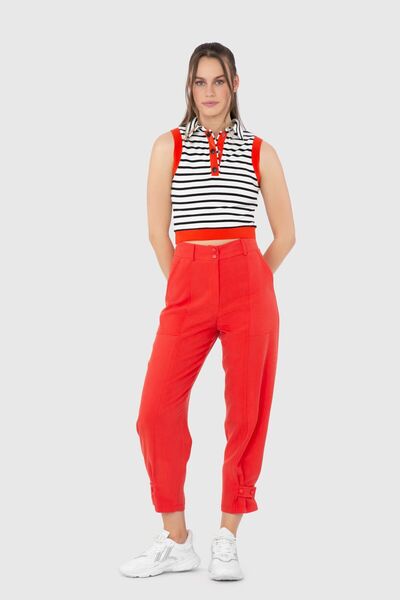 kı.we Polo Yaka Düğmeli Çizgili Sıfır Kol Ekru T-Shirt