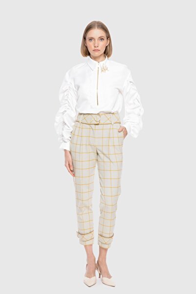 GİZİA Yüksek Bel Deri Biye Detaylı Ekose Jogger Pantolon