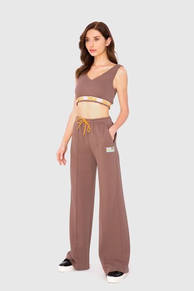 kı.we Ribana Detaylı V Yaka Kısa Bej Crop