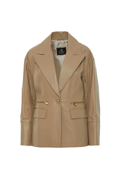 GİZİA Fermuar Detaylı Gold Düğmeli Bej Deri Ceket
