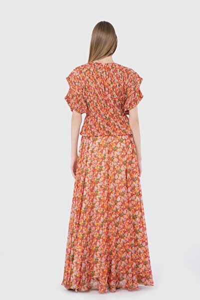 GİZİA Çıtır Çiçek Desenli Pilise Detaylı Uzun Turuncu Elbise