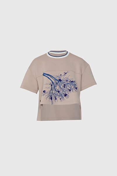 GIZIA SPORT Baskılı Işleme Detaylı Bej T-shirt