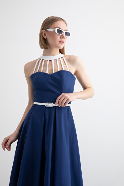 kı.we Biye Yaka Detaylı Kemerli Korse Görünümlü Kloş Etekli Midi Boy Kolsuz P...