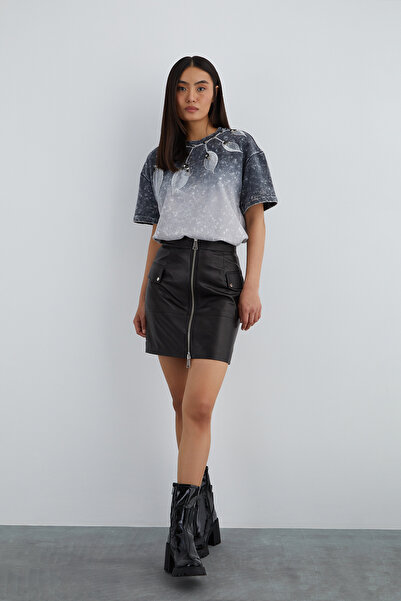 GİZİA Cep Kapak Detaylı Önden Fermuarlı Siyah Deri Etek