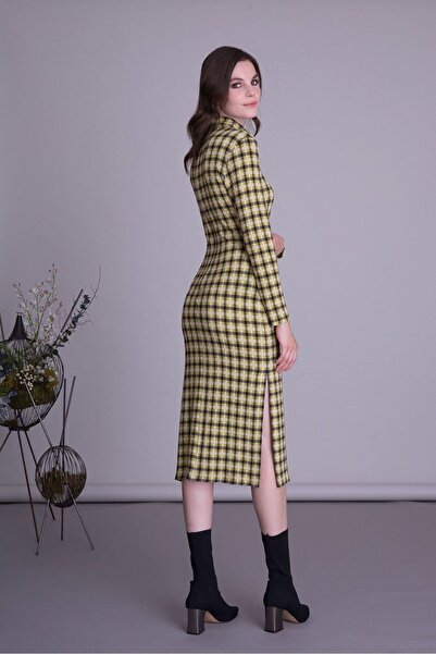 GIZIA CASUAL Balıkçı Yaka Yırtmaçlı Hardal Rengi Midi Elbise