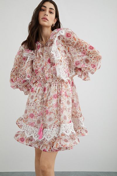 GİZİA Lace Detail Collar Tassel Lace Up Floral Chiffon Dress