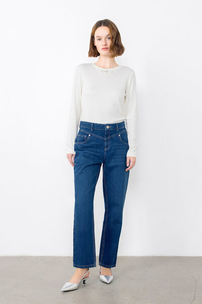 GIZIA SPORT Yakası Işleme Detaylı Uzun Kollu Basic Ekru Tshirt