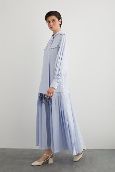 GİZİA Yakası Bağlama Detaylı Etekucu Piliseli Uzun Elbise