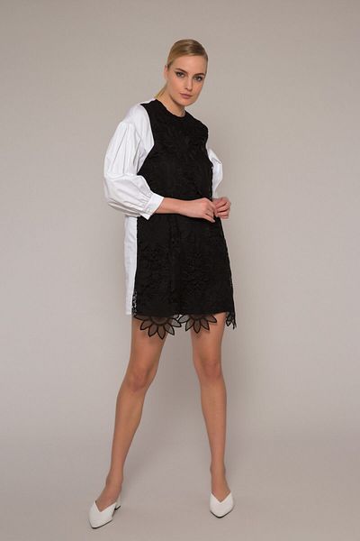 GİZİA Black-white Poplin Mini Dress with Lace Garnish