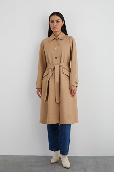 GİZİA Gold Çıtçıt Kapama Seyyar Kuşaklı Kahverengi Trenchcoat