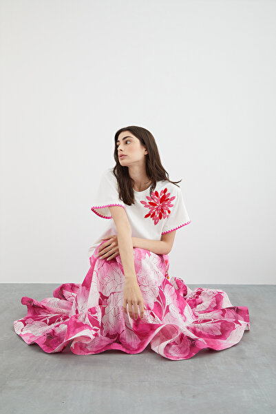 GİZİA Çiçek Desenli Ekru Tişört