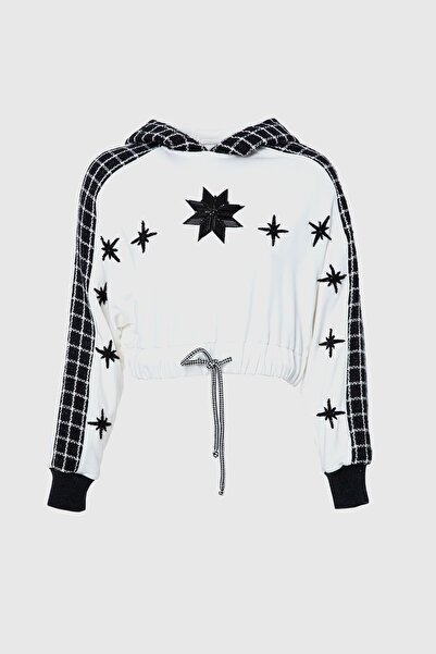 GIZIA SPORT Ekose Detaylı Işlemeli Kapşonlu Ekru Sweatshirt