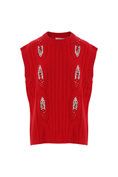 GİZİA Taş Işleme Detaylı Kırmızı Triko Kazak