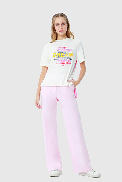 kı.we Dream Yazı Baskı Detaylı Arkası Poplin Garnili Örme Ekru T-shırt
