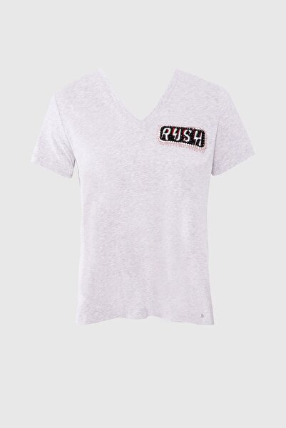 GIZIA SPORT Işleme Arma Detaylı V Yaka Basic Gri T-shirt