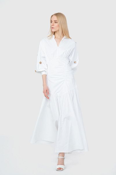 GİZİA White Dress with Embroidered Sleeves with Drawstring Asymmetrical Cups