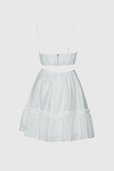 GİZİA Çiçek Baskı Detaylı İp Askılı Trend Beyaz Elbise