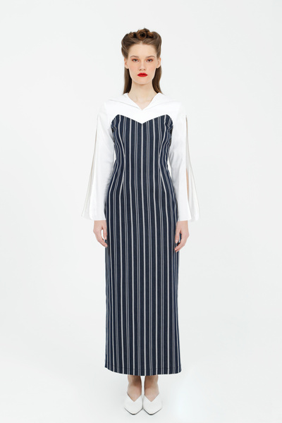 kı.we Fermuar Detaylı Uzun Çizgili Lacivert Streç Elbise