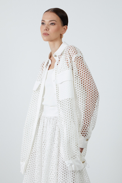 GİZİA Cep Detaylı Fileli Uzun Ekru Gömlek