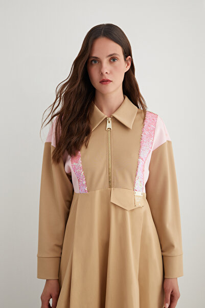 GIZIA SPORT Payet Garnili Uzun Bej Elbise