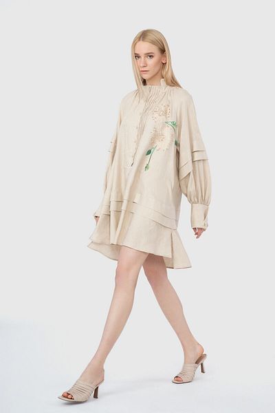 GİZİA Mini Beige Dress with Battery and Ribbed Detailed Embroidery Process