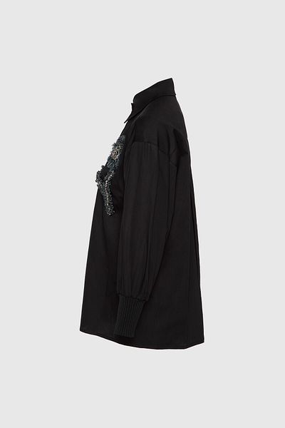 GİZİA Embroidery And Embroidered Sleeves Knitted Oversize Black Shirt