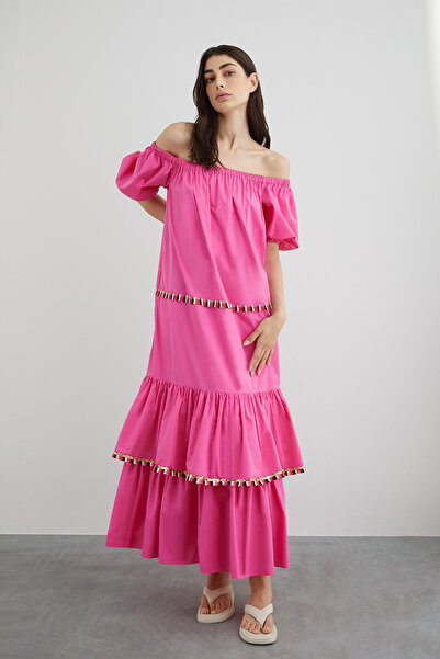 GİZİA Çizgili Şerit Detaylı Kayık Yaka Pembe Poplin Elbise