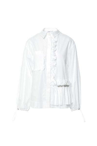 GIZIA SPORT Ruffle Detailed Adjustable Elastic Asymmetric Embroidered White Shirt
