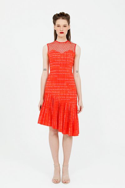 kı.we Lapel Mesh Detailed Pleated Fit Cut Letter Print Red Midi Dress