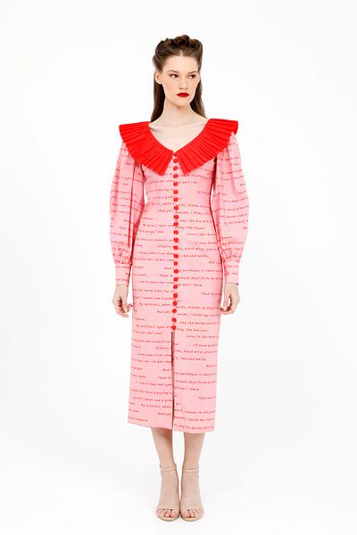 kı.we Midi Size Pink Poplin Dress with V-neck Lettering Pattern