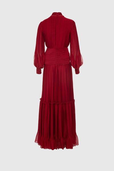 GİZİA V Neck Pleated Long Red Evening Dress