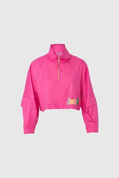 GIZIA SPORT Yağmurluk Nakış Aplike Detaylı Crop Pembe Swetshirt