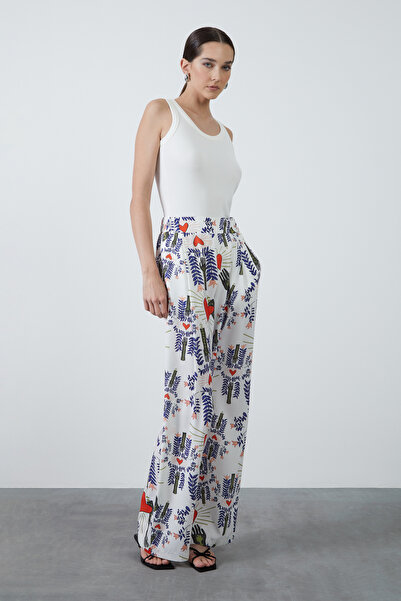 GİZİA Renkli Baskılı Bol Paça Beyaz Pantolon