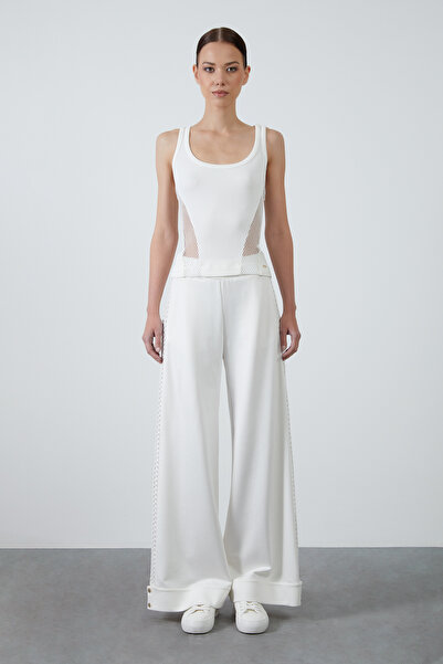 GİZİA Yanları File Detaylı Cebi Fermuarlı Bol Paça Ekru Pantolon