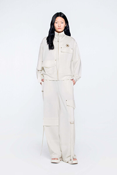 GIZIA SPORT Kargo Cep Detaylı Cep Kenarları Boncuk Süslemeli Beli Lastikli Ekru Pantolon