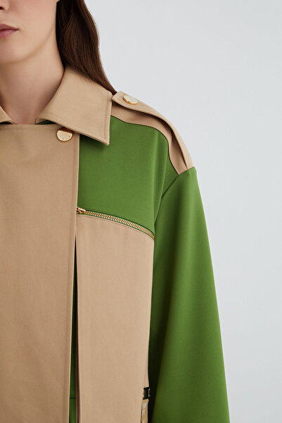 GİZİA Snap Detailed Box Form Green Leather Jacket