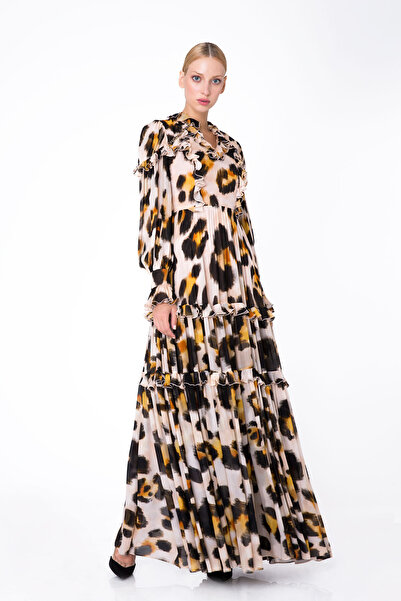 4G GIZIA Leopar Desenli Fırfırlı Uzun Şifon Elbise