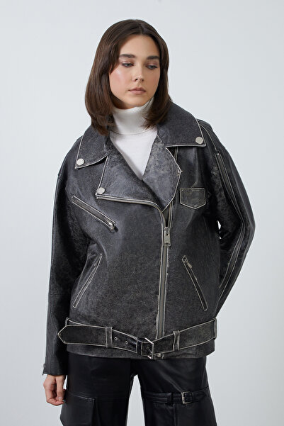 GİZİA Etek Ucu Kemerli Gri Deri Ceket