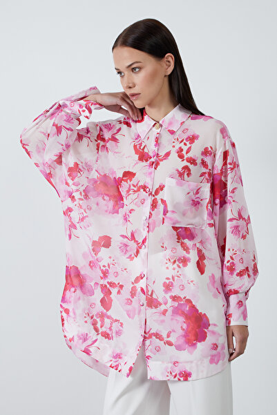 GİZİA Gold Düğme Detaylı Desenli Şifon Gömlek