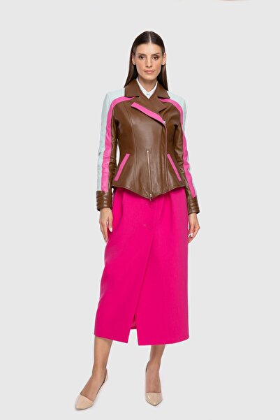 GİZİA Renk Bloklu Dar Kesim Kahverengi Deri Ceket