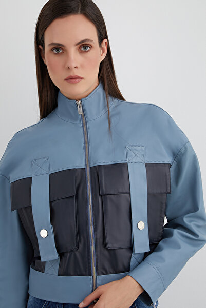 GİZİA Dik Yaka Kutu Form Mavi Deri Ceket