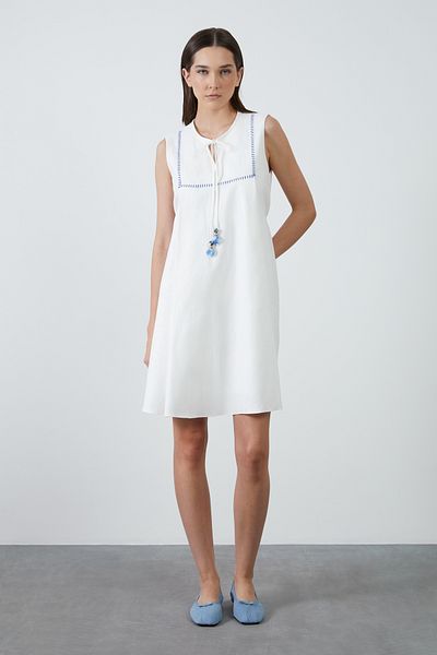 4G GIZIA Ecru Poplin Dress with Ornamental Stitching Detail