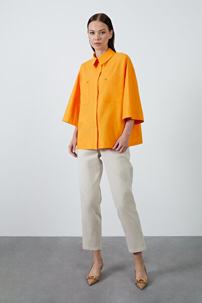 GİZİA Çift Cep Detaylı Metal Aksesuarlı Truvakar Kol Oversize Turuncu Bluz