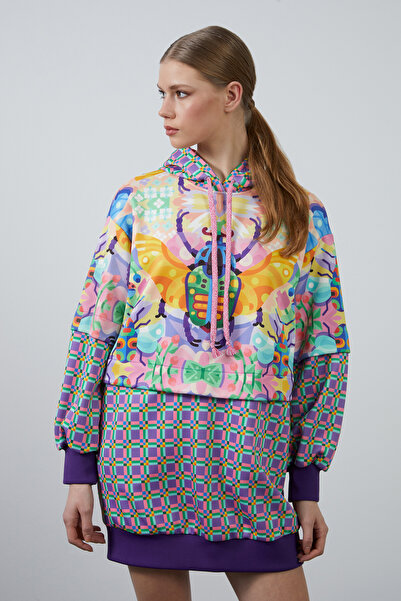 Manimani Renki Desenli Kapuşonlu Scuba Elbise