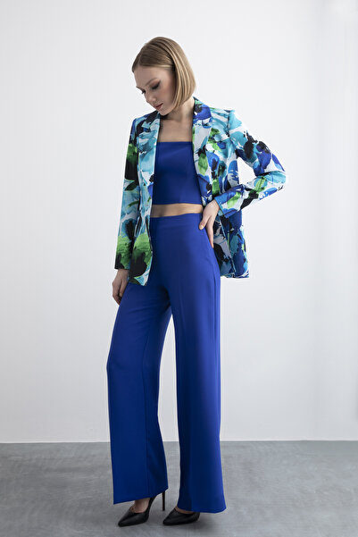 Patterned Jacket and Blue Pants Set