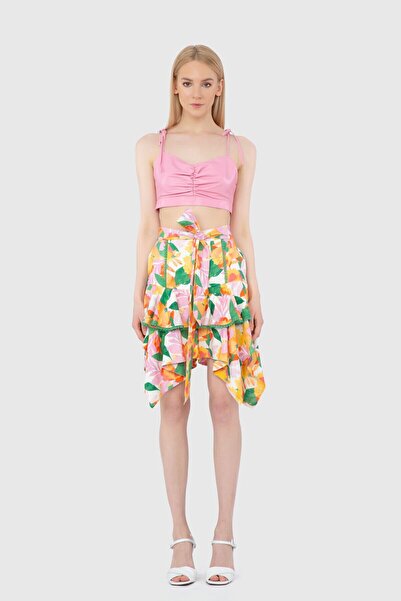 GİZİA Bağlama Detaylı Fırfırlı Ve Desenli Turuncu Etek